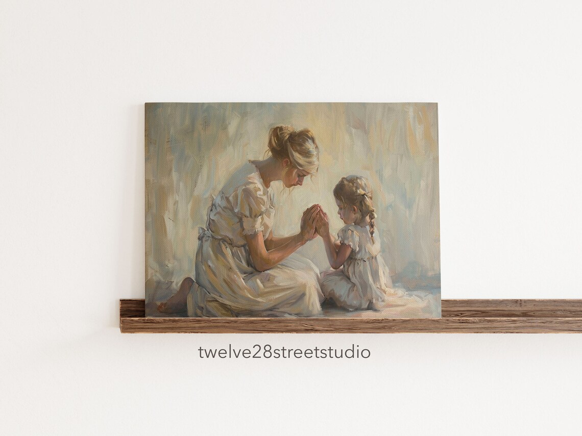 Mother and Daughter Praying Together White Gowns Soft Oil Painting Art Poster - Image 2