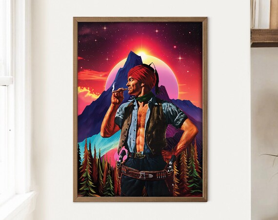 Space Cowboy Red Bandana Glowing Cosmic Planet Neon Western Poster