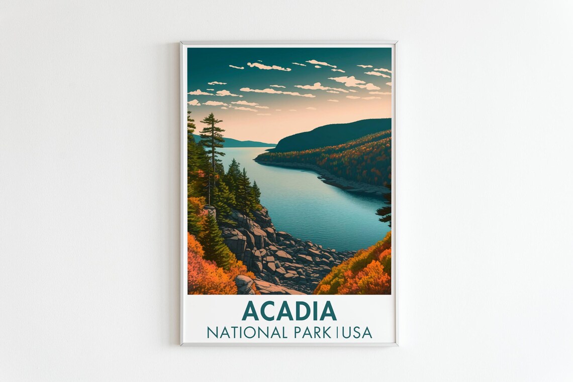 Acadia National Park Travel Poster Fall Foliage Rocky Coast Retro - Image 5