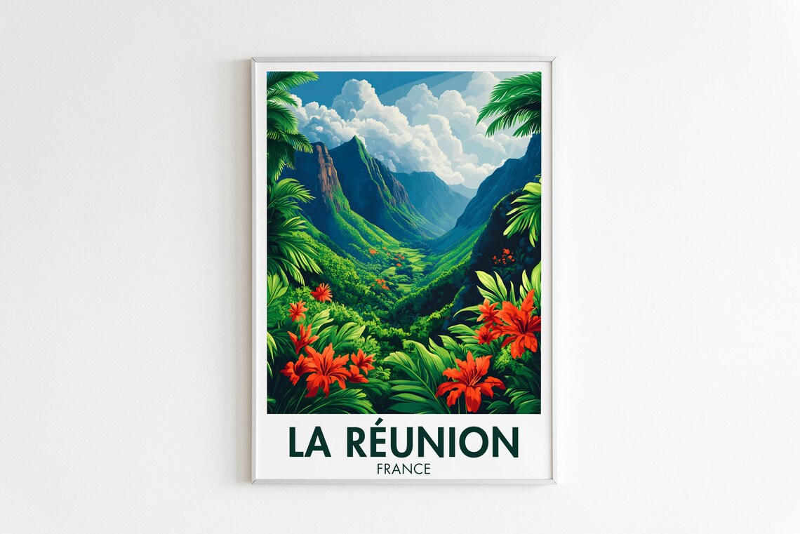 Reunion Island Travel Poster Cirque De Mafate Wall Art Ile De La Runion Print France Island Nature Decor Flowers Tree Painting - Image 5