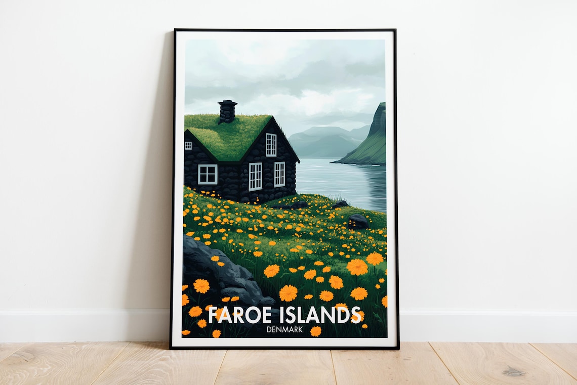 Faroe Islands Travel Poster, Coastal Village Art Print