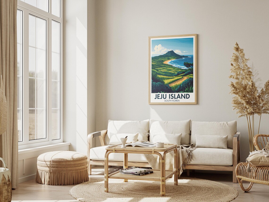 Jeju Island South Korea White Edition Coastal Mountain Travel Poster - Image 3