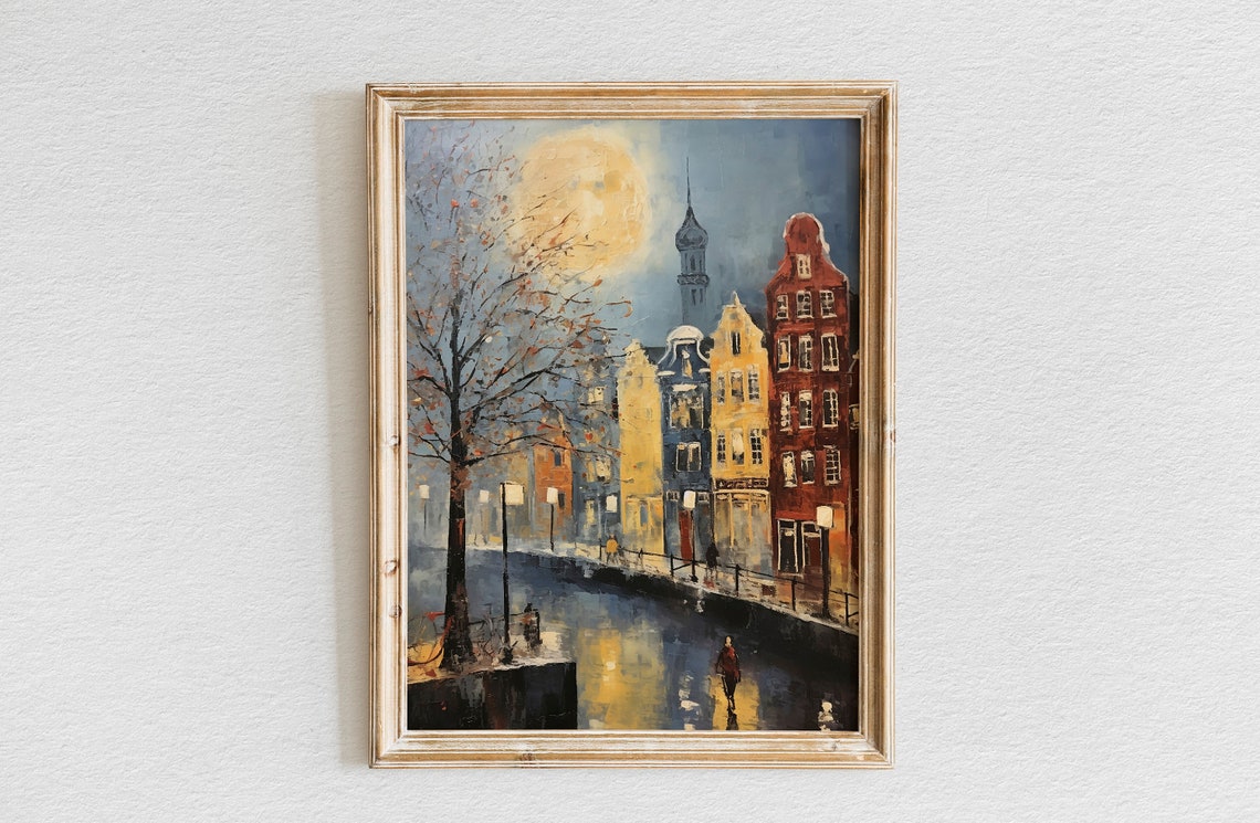 Amsterdam Canal on Winter Night Under Huge Full Moon City Art Poster