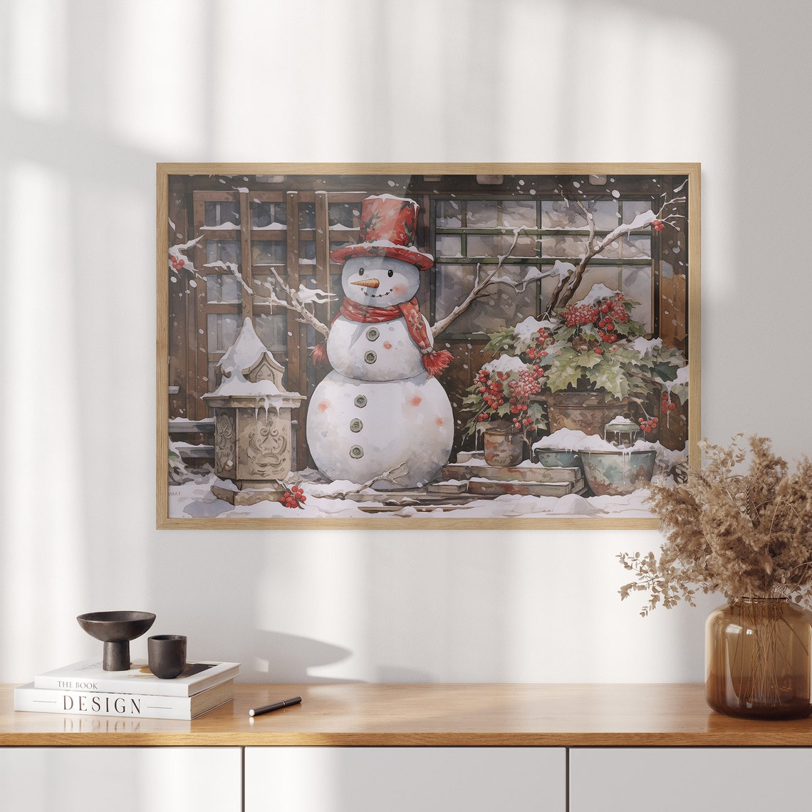 Snowman on a Snowy Porch with a Lantern and Red Holly Poster - Image 3