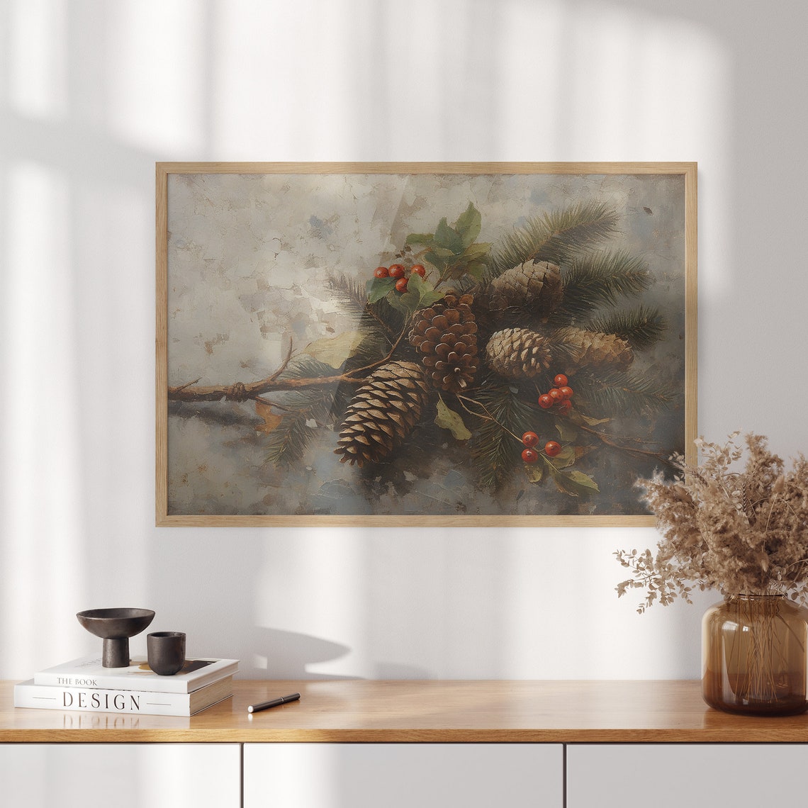 Pinecones Red Berries Evergreen Branch Rustic Winter Still Life Poster - Image 3