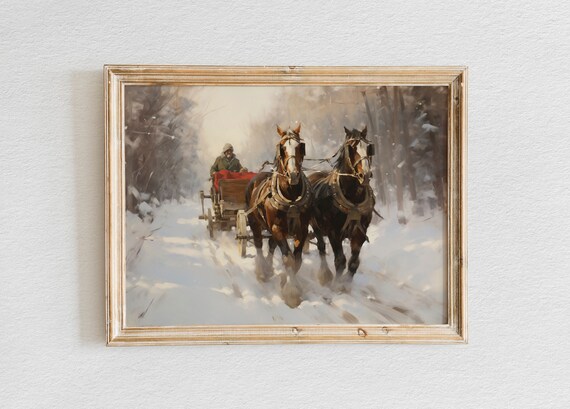 Two Draft Horses Pulling Cart Through Deep Snow Winter Poster
