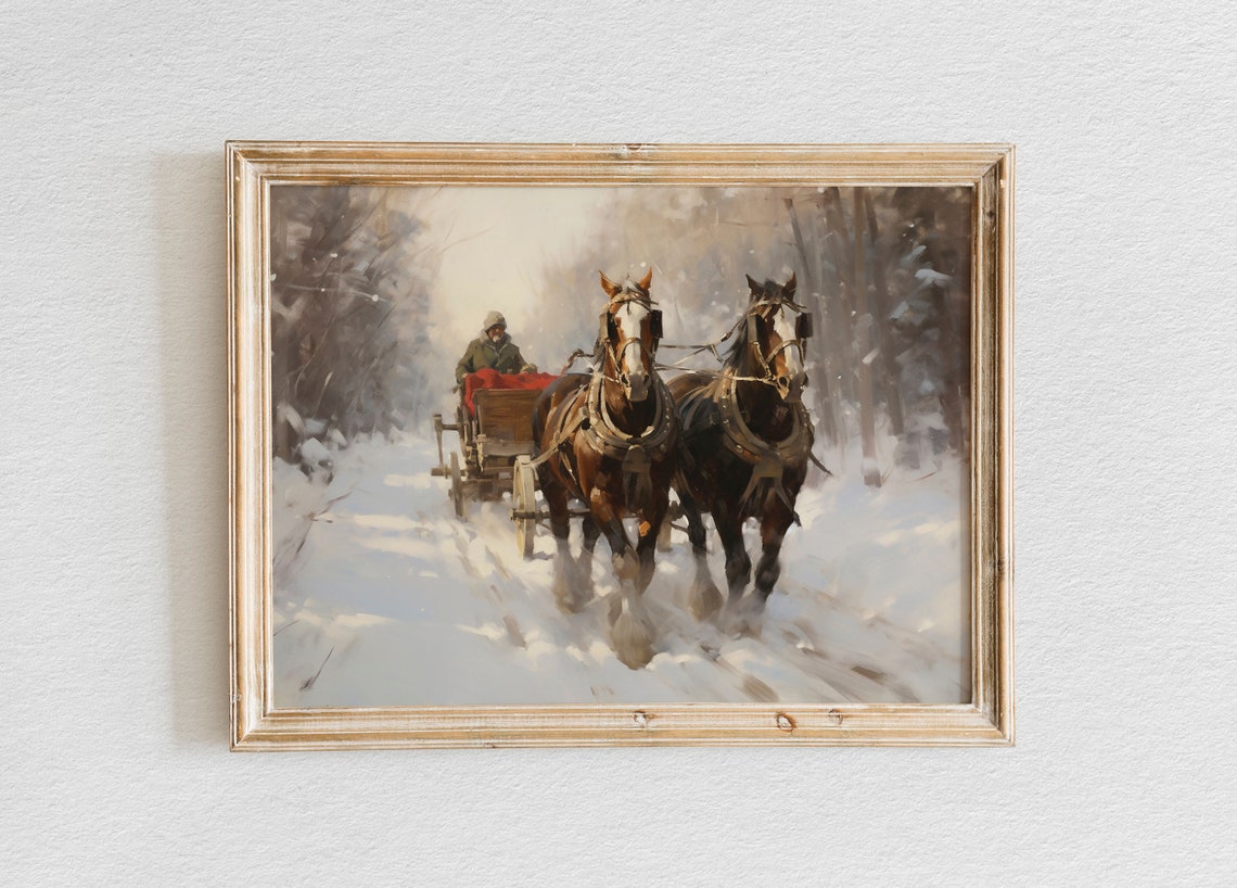 Two Draft Horses Pulling Cart Through Deep Snow Winter Poster