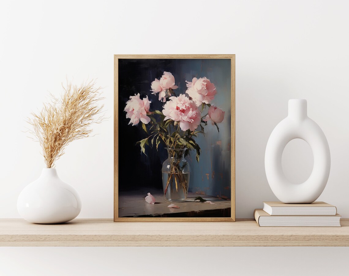 Blush Pink Peonies Glass Vase Moody Floral Oil Painting Poster - Image 3