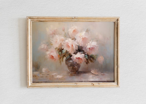 Pink Peonies Oil Painting Moody Pink Peonies Painting Vintage Art Print Flower Print Farmhouse Decor Wall Art Wall Decor
