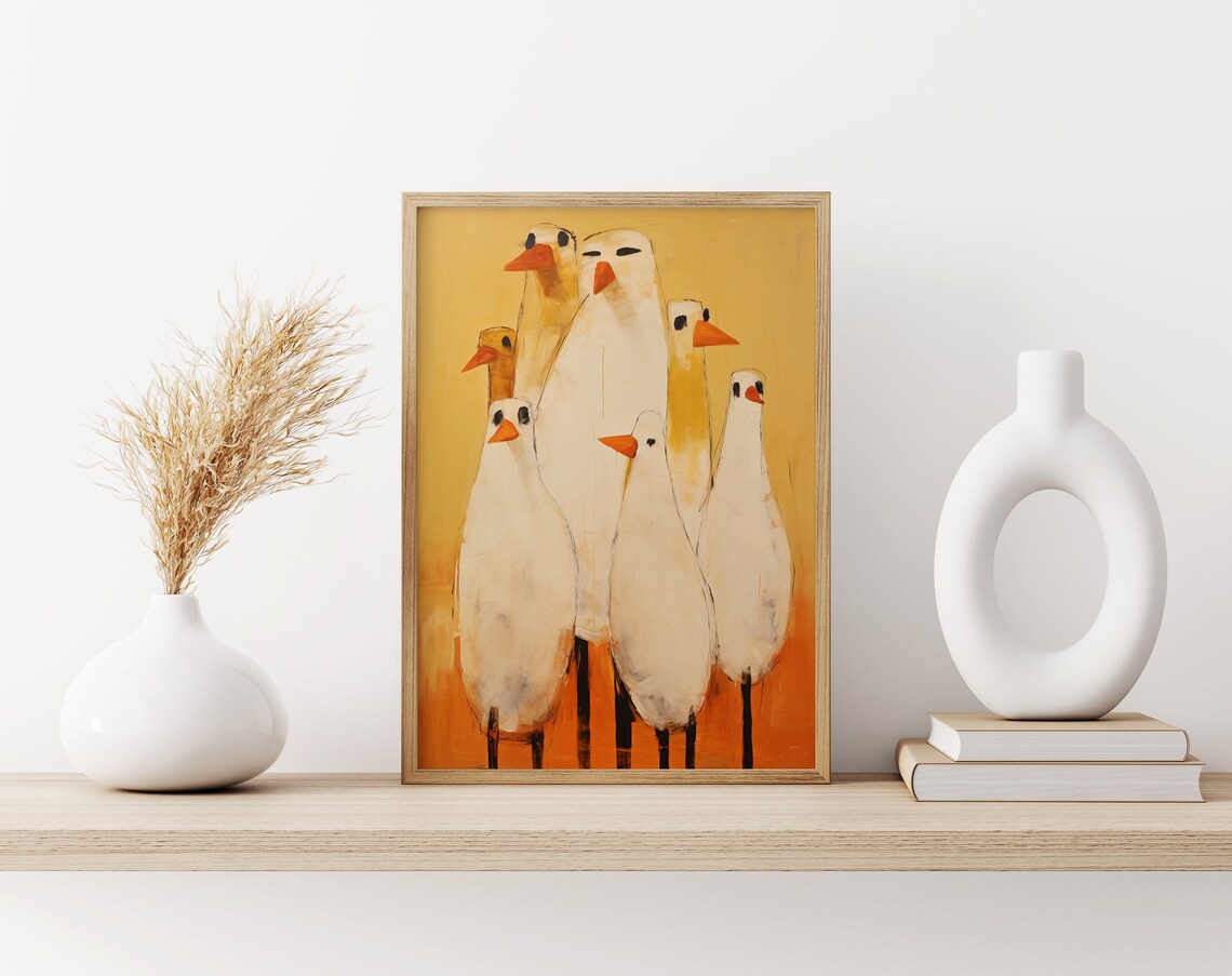 Group of Stylized White Chickens on Warm Yellow Background Poster - Image 3