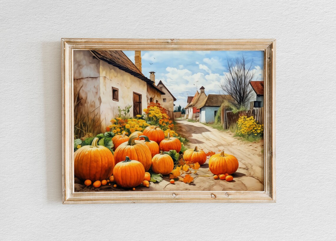 Autumn Pumpkin Harvest Village Street Oil Painting Scene Poster