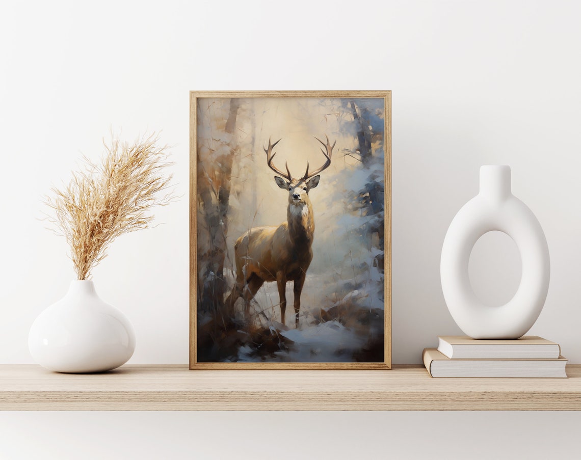 Majestic Stag with Antlers in Misty Snow Dusted Winter Forest Poster - Image 3
