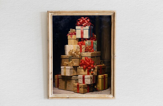 Towering Stack of Wrapped Christmas Gift Boxes with Ribbons Poster