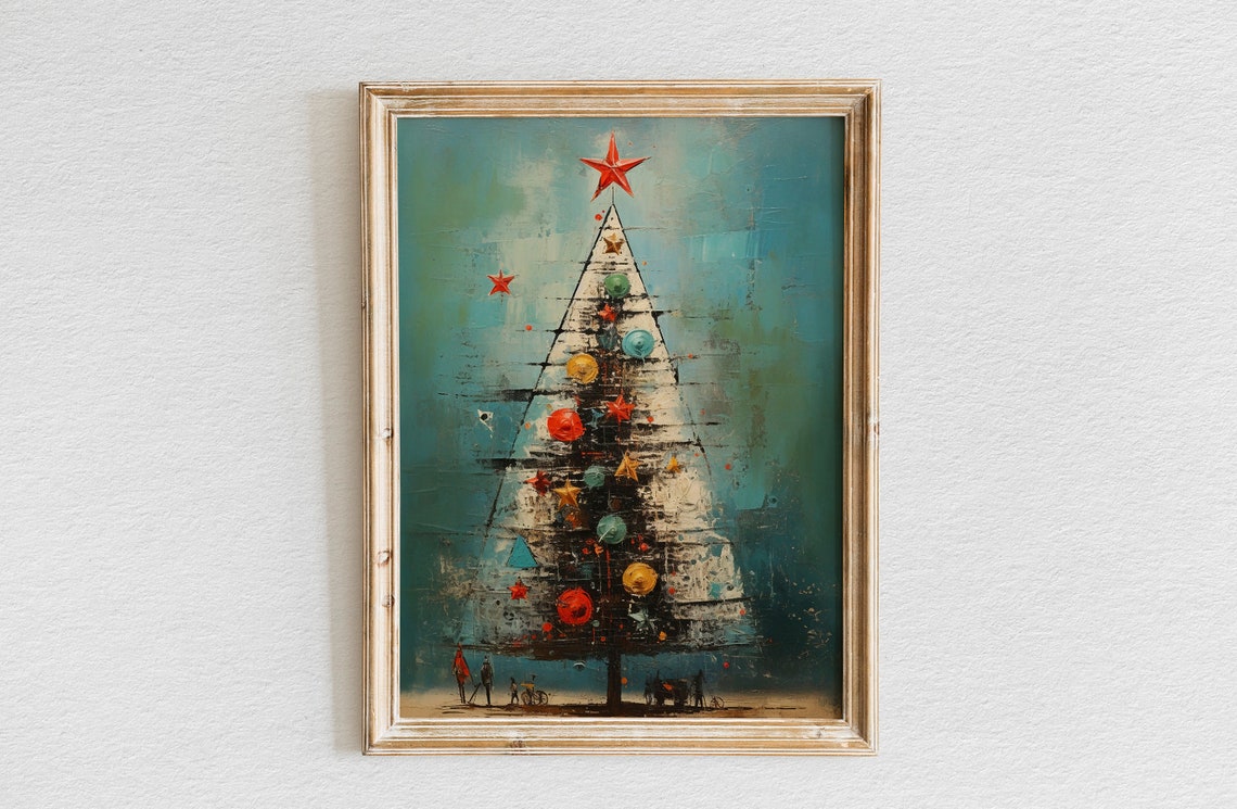White Christmas Tree Red Star Vintage Carolers Holiday Poster