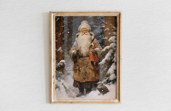 Santa Claus Standing in Snowy Pine Forest Vintage Christmas Poster