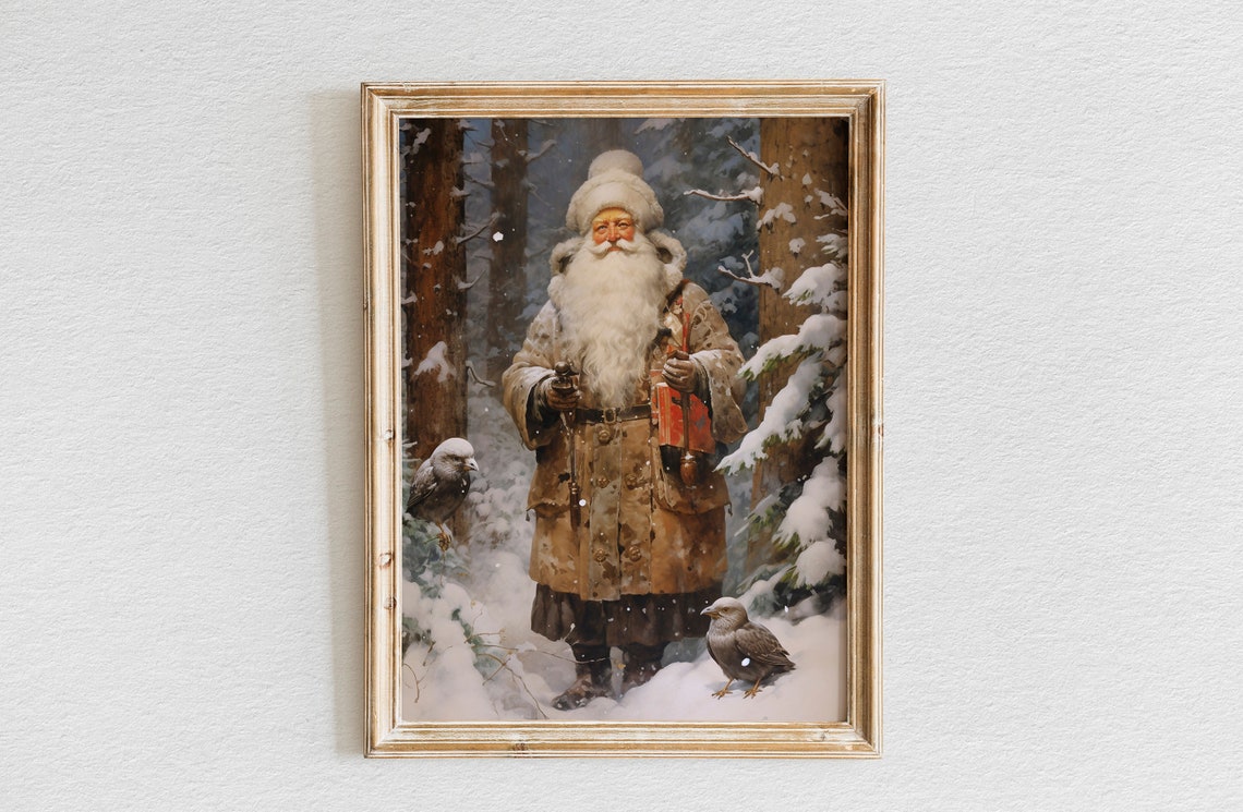 Santa Claus Standing in Snowy Pine Forest Vintage Christmas Poster
