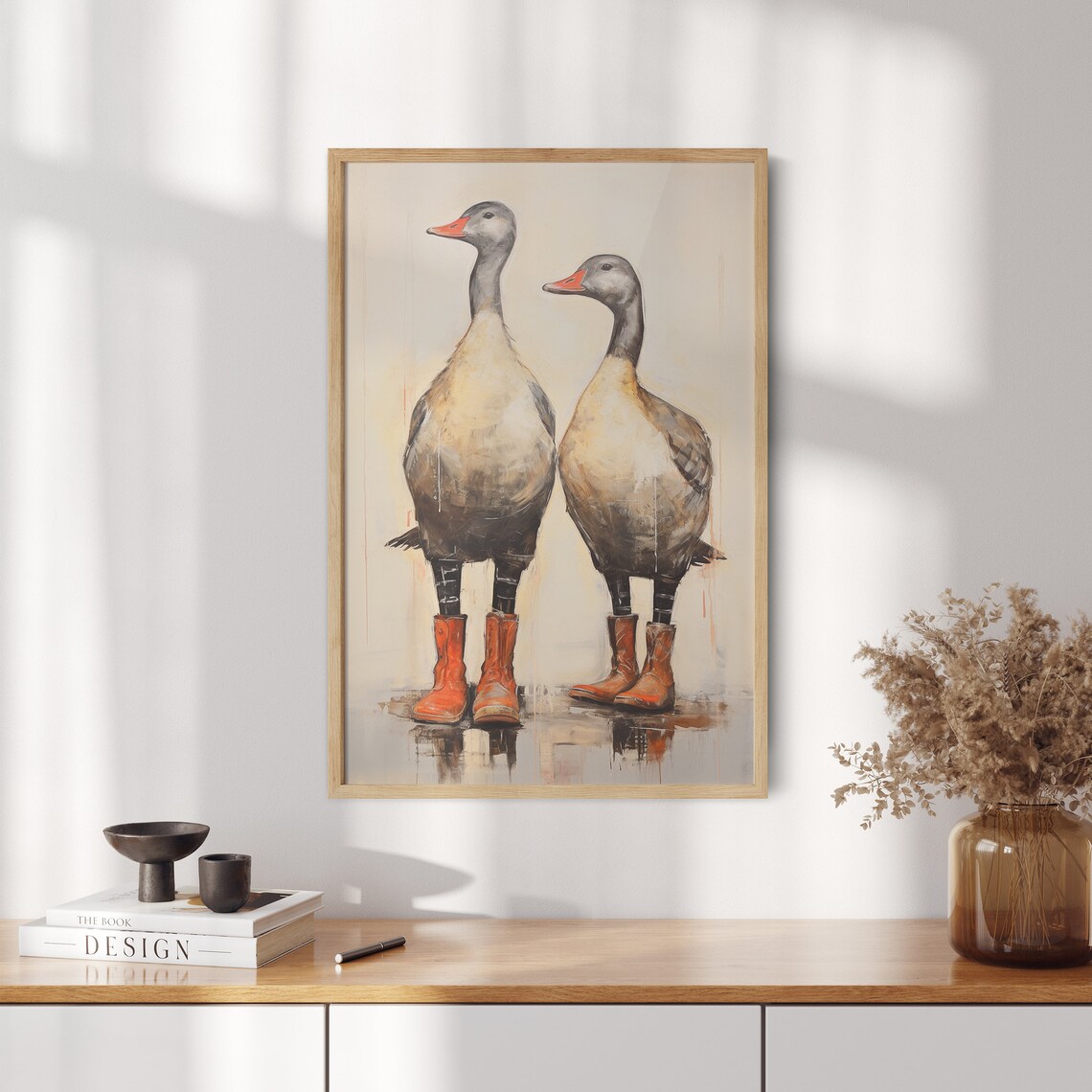 Pair of Standing Geese Wearing Red Cowboy Boots Portrait Poster - Image 2