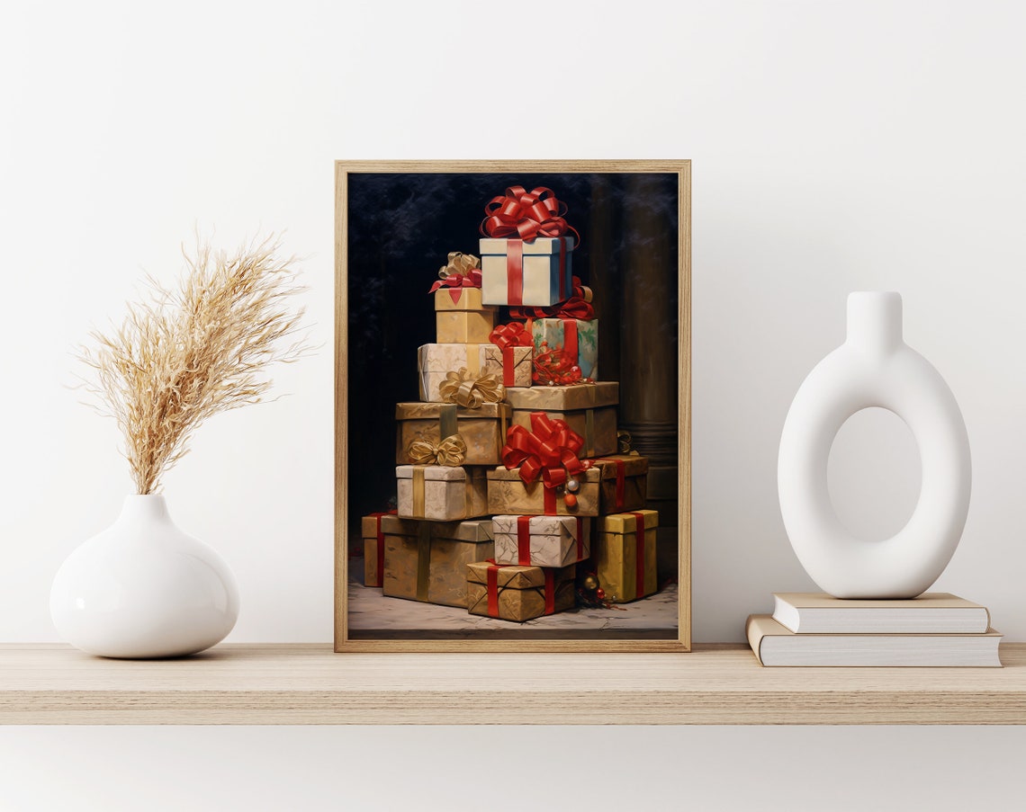 Towering Stack of Wrapped Christmas Gift Boxes with Ribbons Poster - Image 3