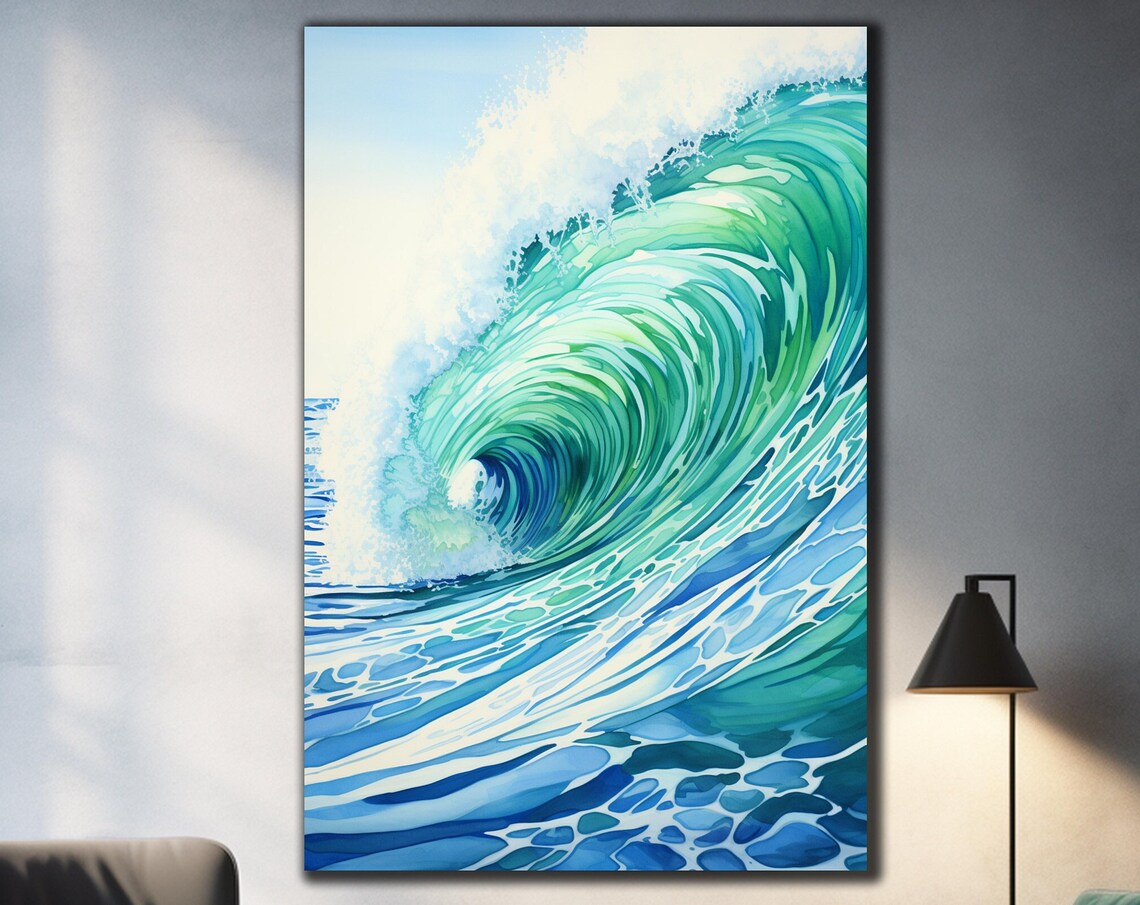 Aqua Ocean Wave Curl Watercolor Painting Sea Spray Wall Poster