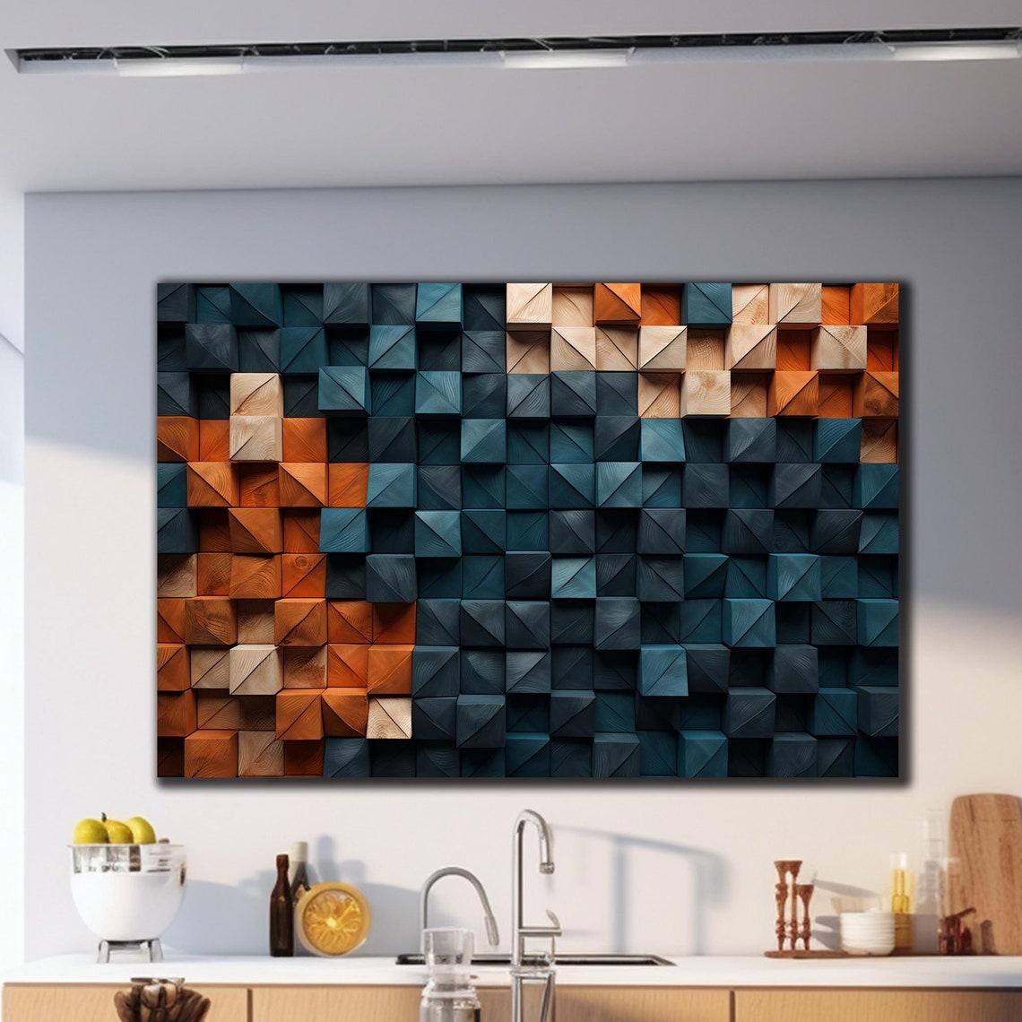 Navy Orange Wood Pyramid Cube Blocks 3D Geometric Modern Wall Art