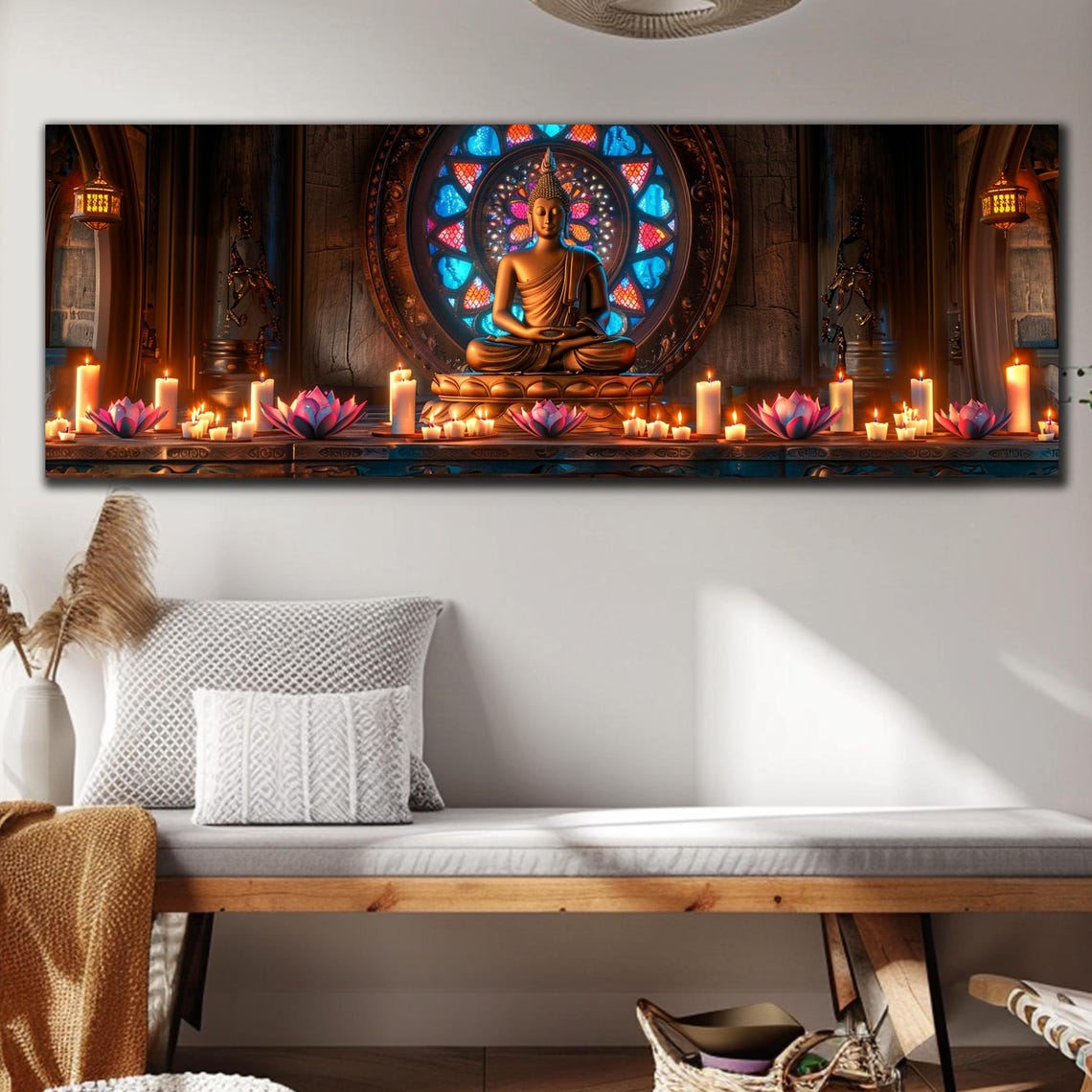 Buddha Temple Altar Candles Lotus Rose Window Panoramic Wall Art