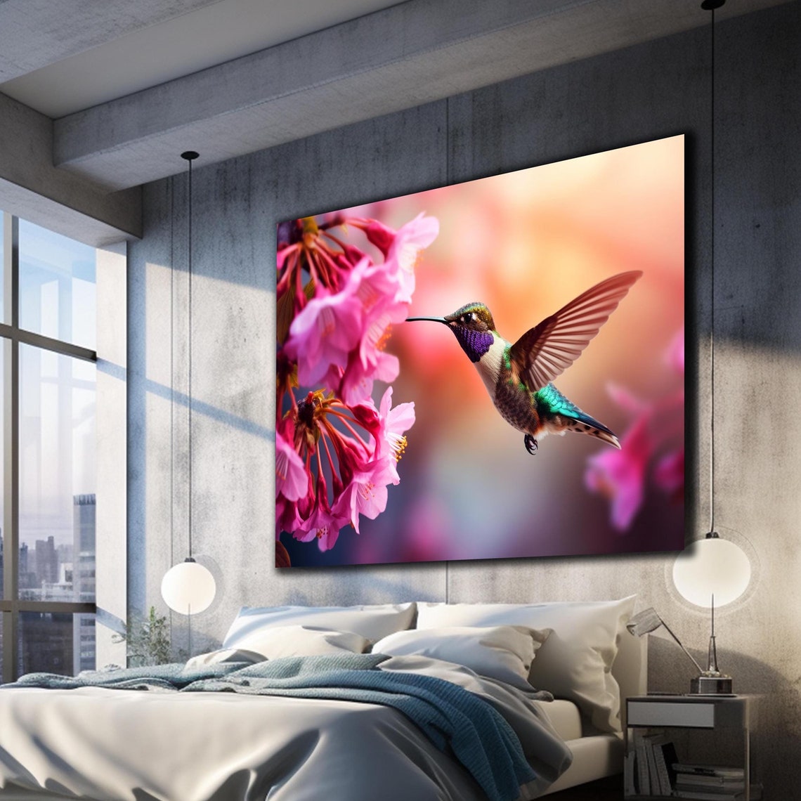 Hummingbird Hovering Pink Blossoms Close Up Purple Throat Poster