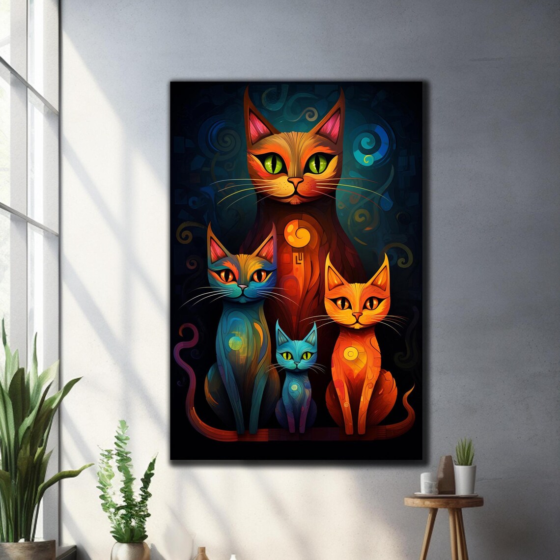 Four Colorful Stylized Cats Vibrant Family Portrait Cat Lover Poster