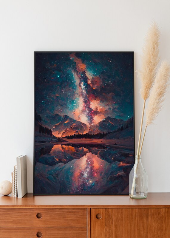 Milky Way Night Sky Landscape Painting Mountainous Backdrop Blue Orange Oil Painting Vintage Wall Art