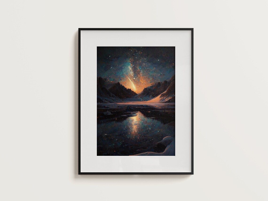 Milky Way Galaxy Glowing Over Snowy Peaks and Still Lake Poster - Image 3