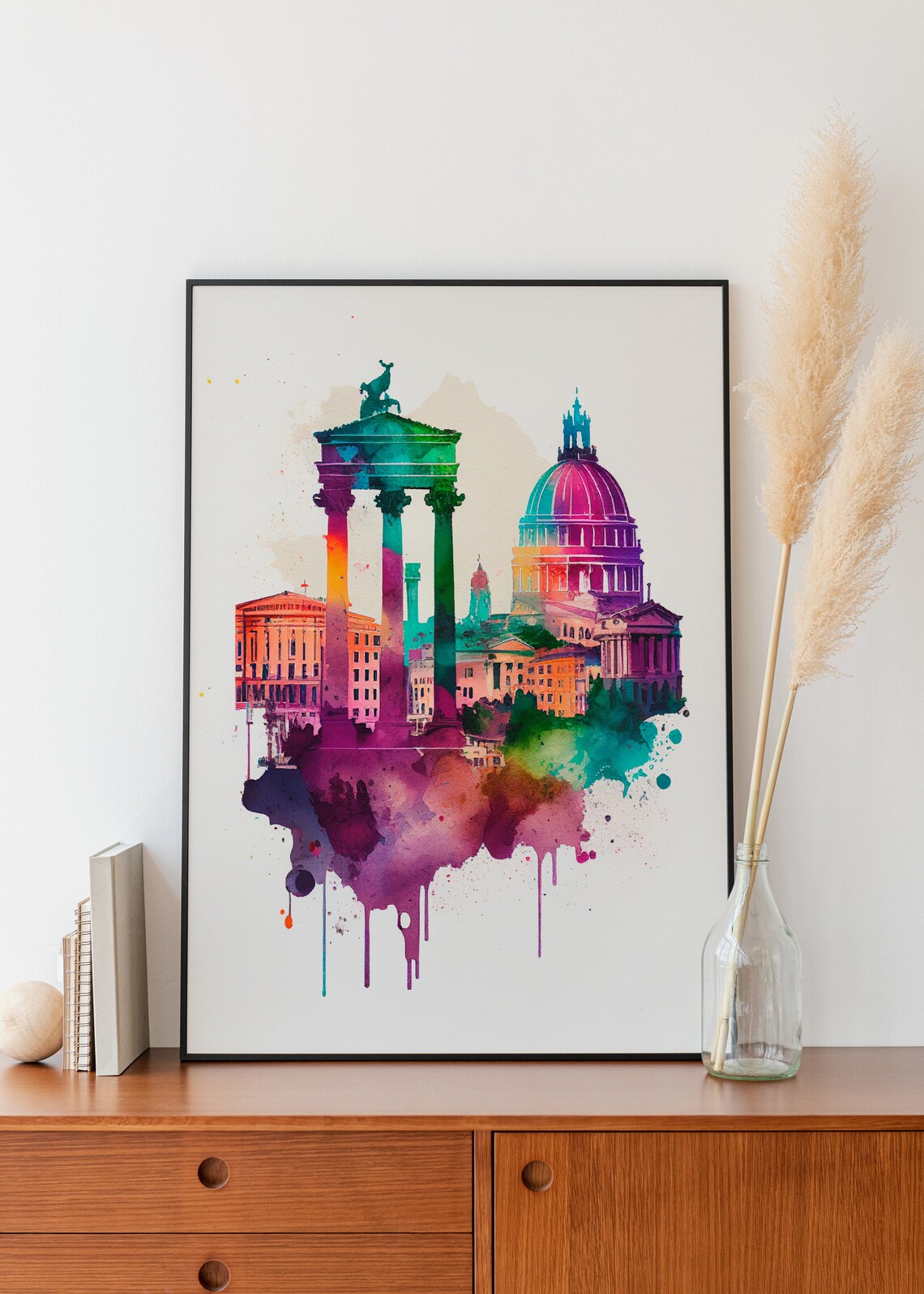 Rome Italy Ancient Ruins Watercolor Skyline Travel Art Poster