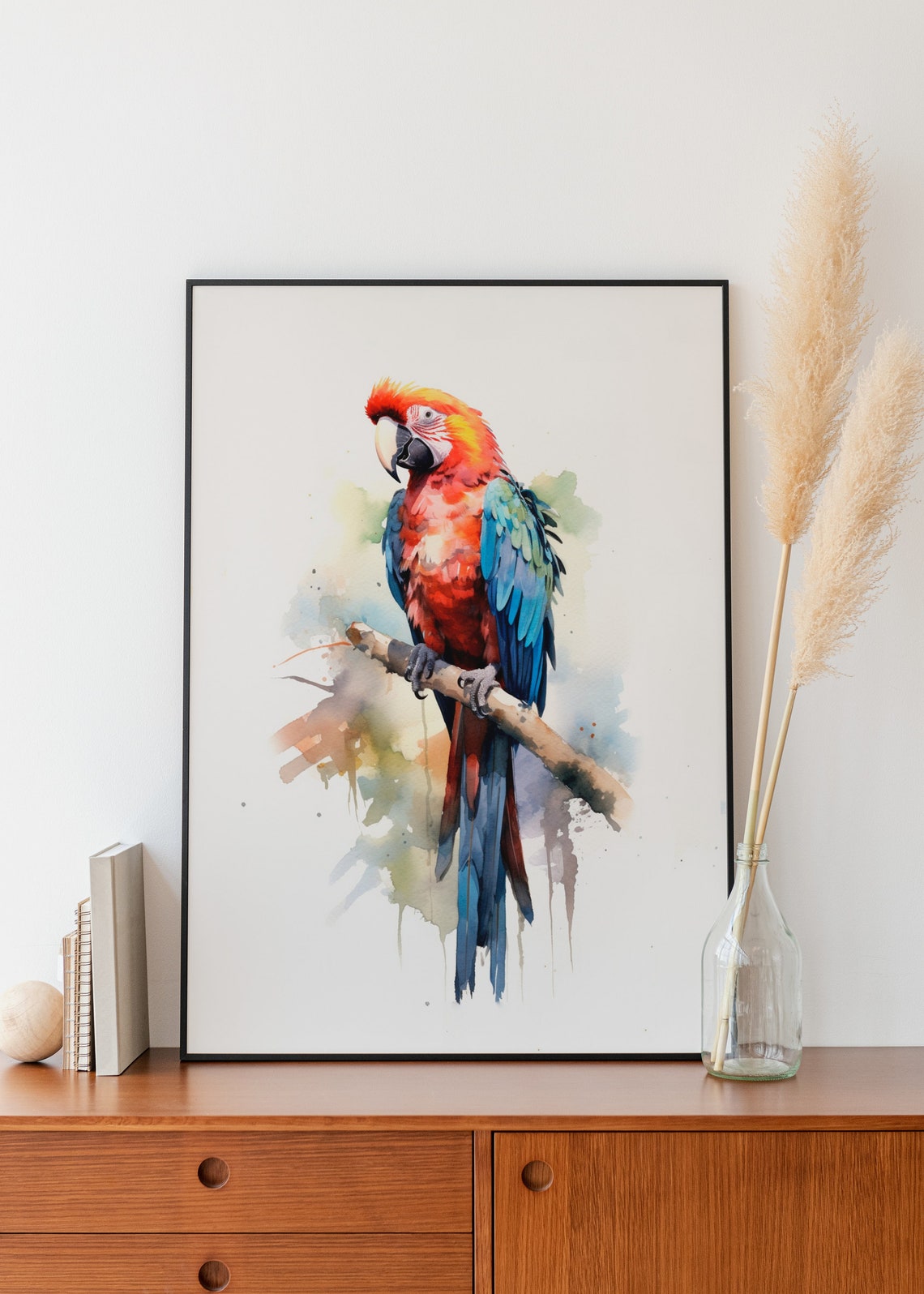 Scarlet Macaw Parrot Perched on Branch Tropical Watercolor Poster