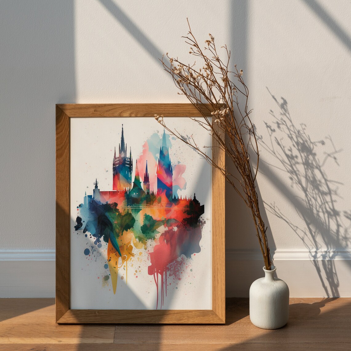 Gothic Cathedral Spires Colorful Watercolor Skyline Art Poster - Image 2