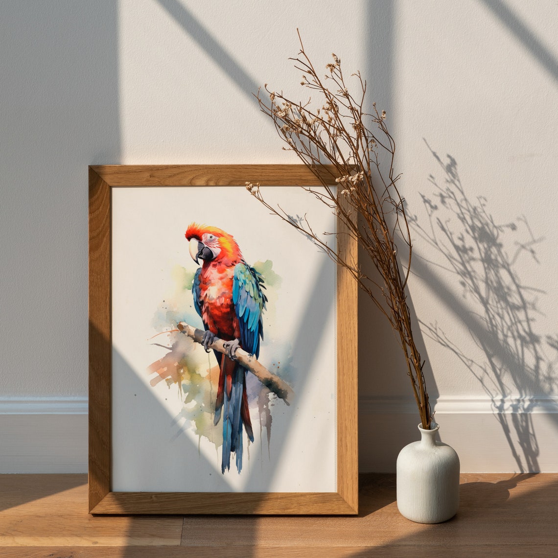 Scarlet Macaw Parrot Perched on Branch Tropical Watercolor Poster - Image 2