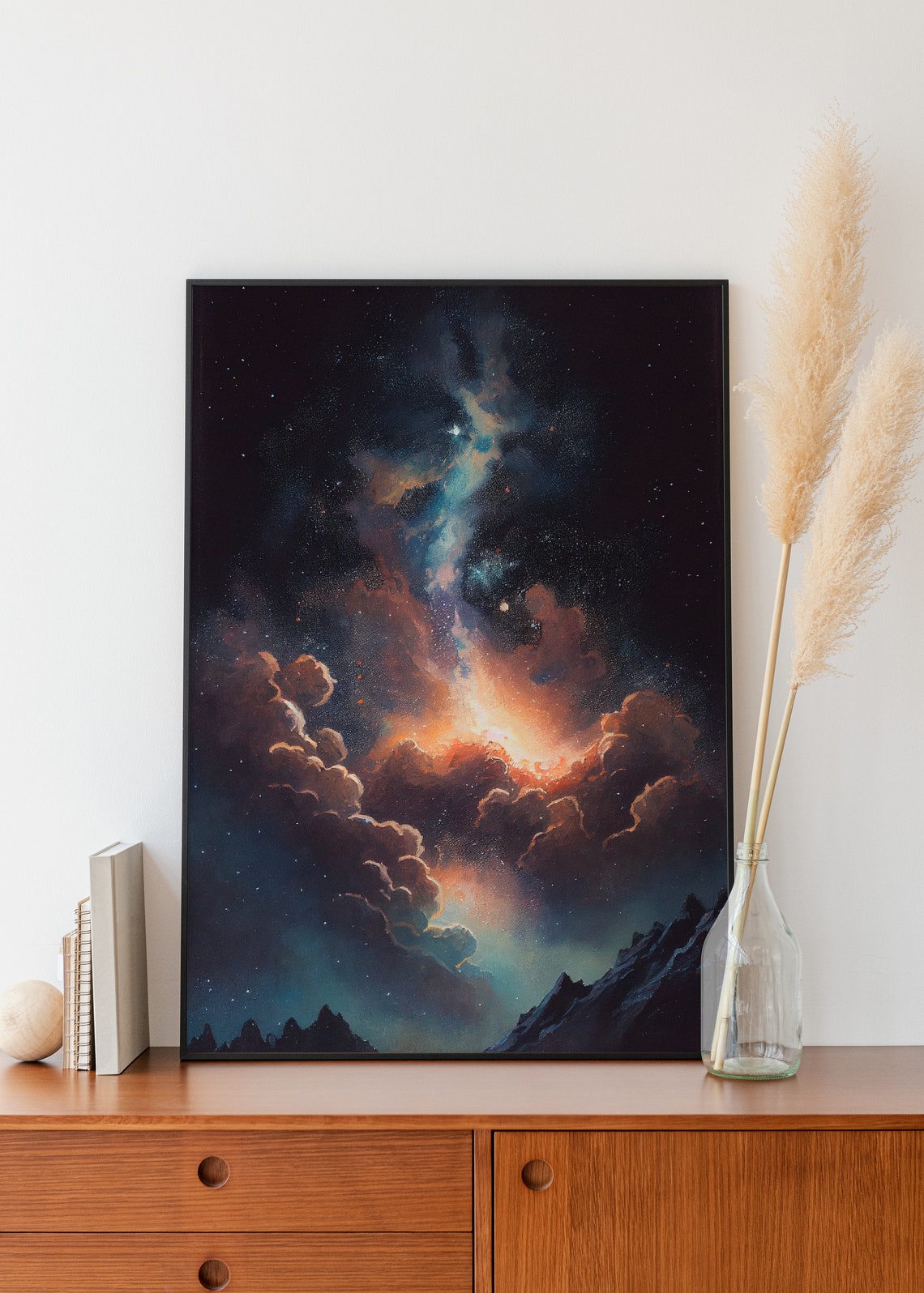 Glowing Cosmic Clouds Over Jagged Mountain Peaks Night Sky Poster