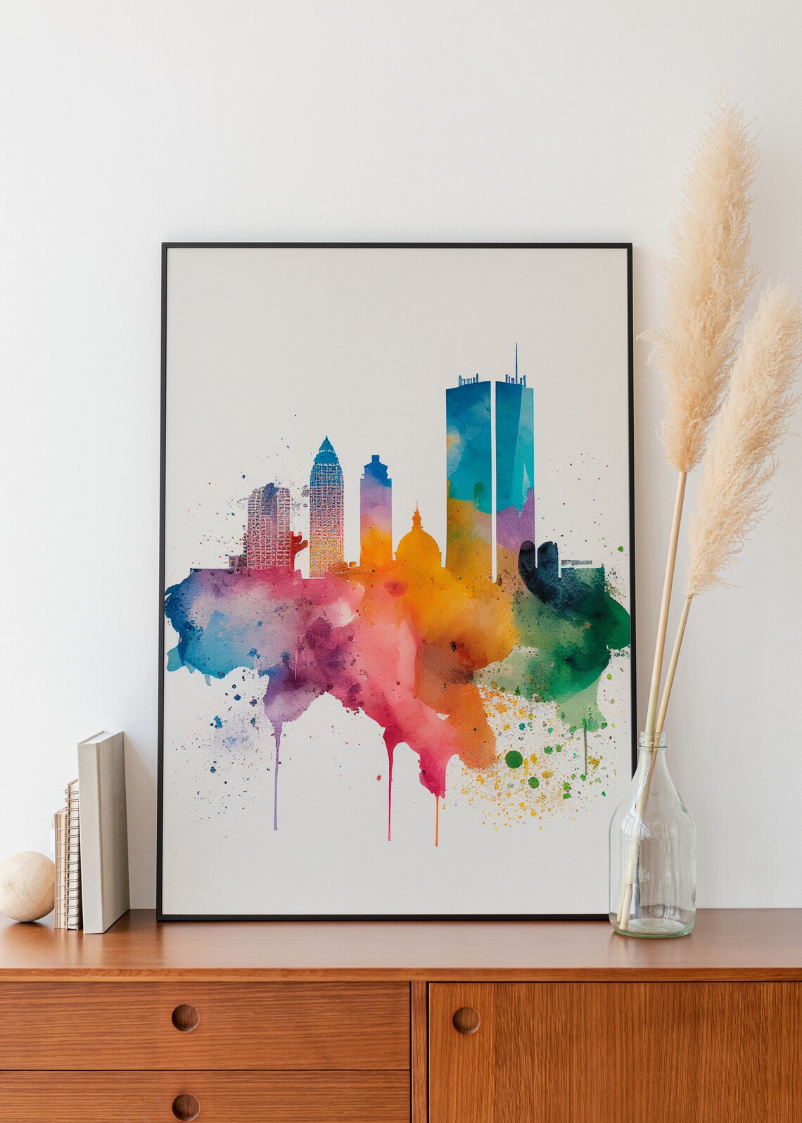 Modern Skyscraper City Skyline Colorful Watercolor Art Poster