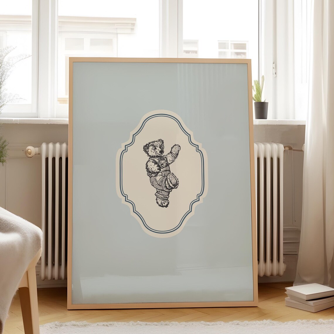 Vintage Waving Teddy Bear Baby Blue Ornate Vertical Nursery Poster - Image 5
