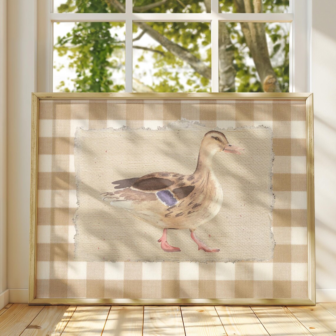 Watercolor Mallard Duck on Brown Gingham Farmhouse Nursery Poster