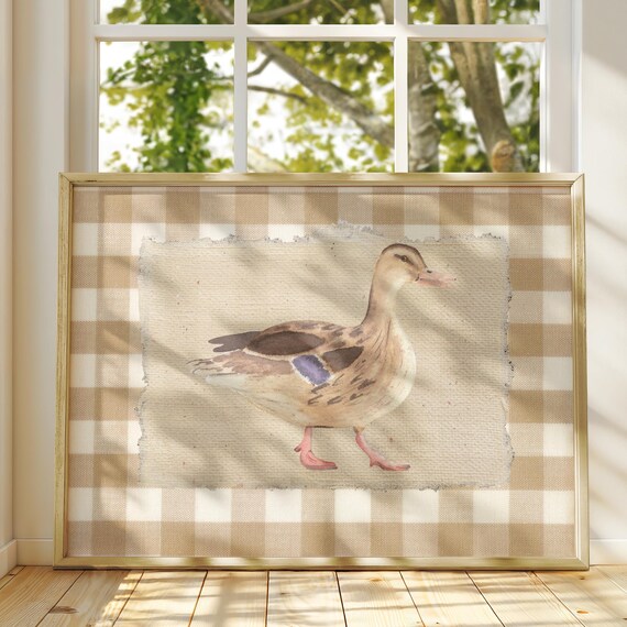 Watercolor Mallard Duck on Brown Gingham Farmhouse Nursery Poster