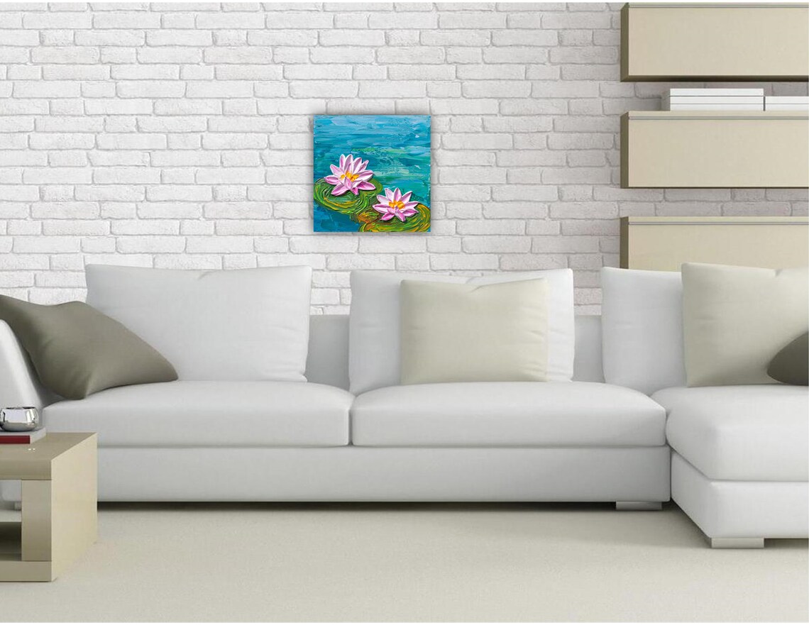 Pink Waterlilies Painting Pond Flowers Impasto Floral Wall Art Poster - Image 2