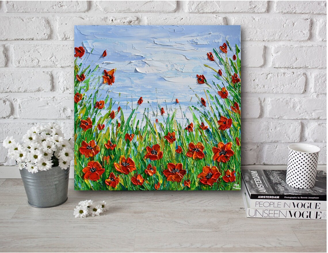 Red Poppy Field Painting Tall Green Grass Blue Sky Impasto Art Poster - Image 2