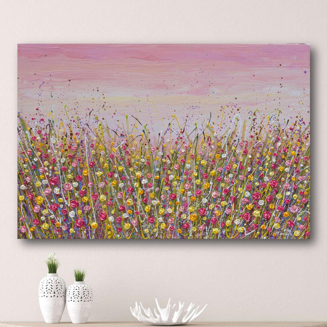 Pink Sky Wildflower Field Painting Vibrant Summer Blooms Wall Poster