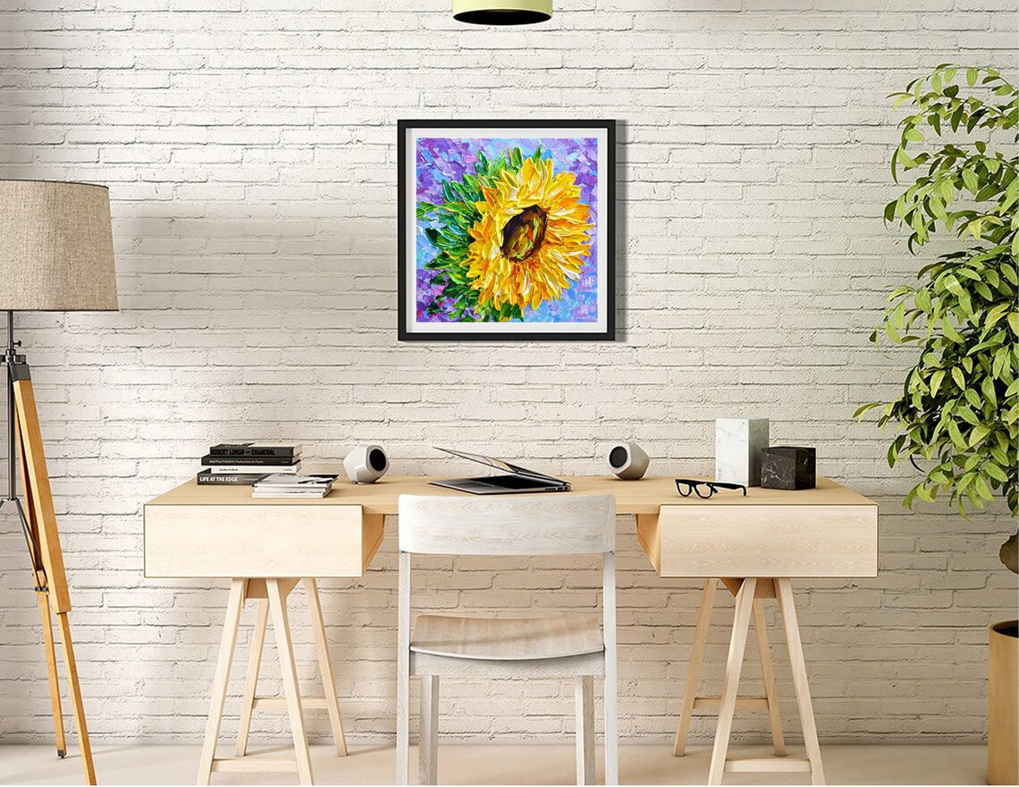 Yellow Sunflower Impasto Palette Knife Painting Purple Background Poster - Image 3