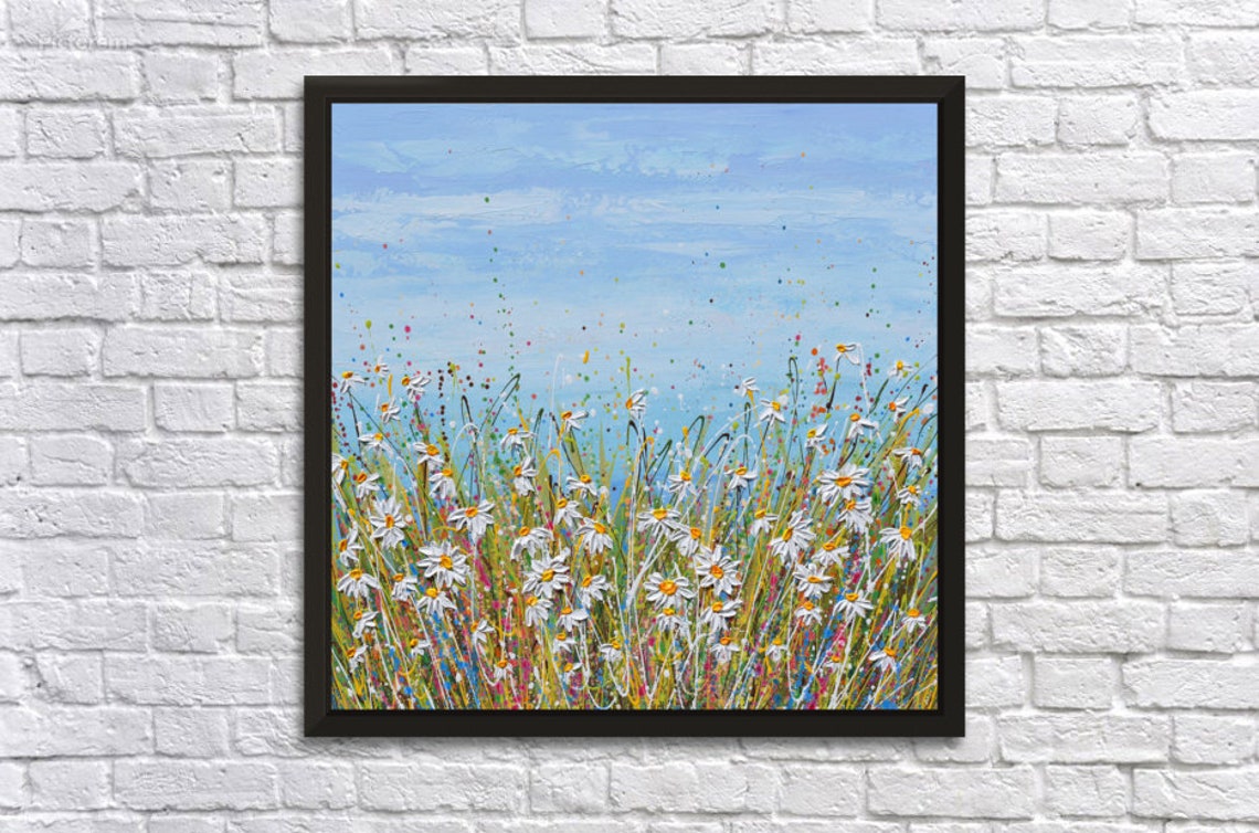 White Daisy Field Blue Sky Square Summer Floral Impasto Art Print - Image 3