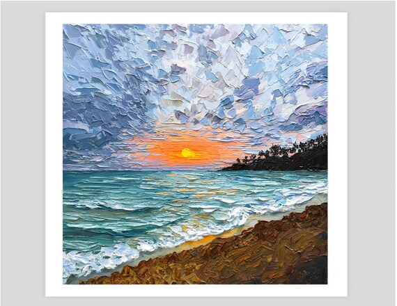 Beach Sunset Over Teal Ocean Cloudy Sky Foamy Waves Impasto Art Poster