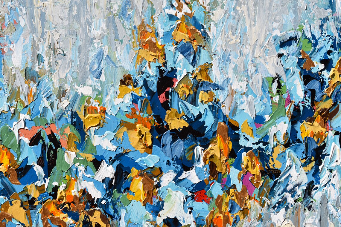Large Abstract Painting On Original Blue Yellow Gold Modern Wall Art Textured Knife Artwork - Image 2