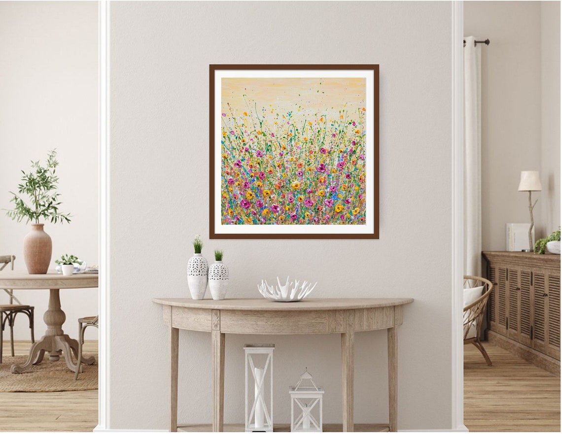 Yellow Pink Flower Field Print Wildflower Meadow Wall Art Gicle Of Impasto Floral Painting Gift For Wife