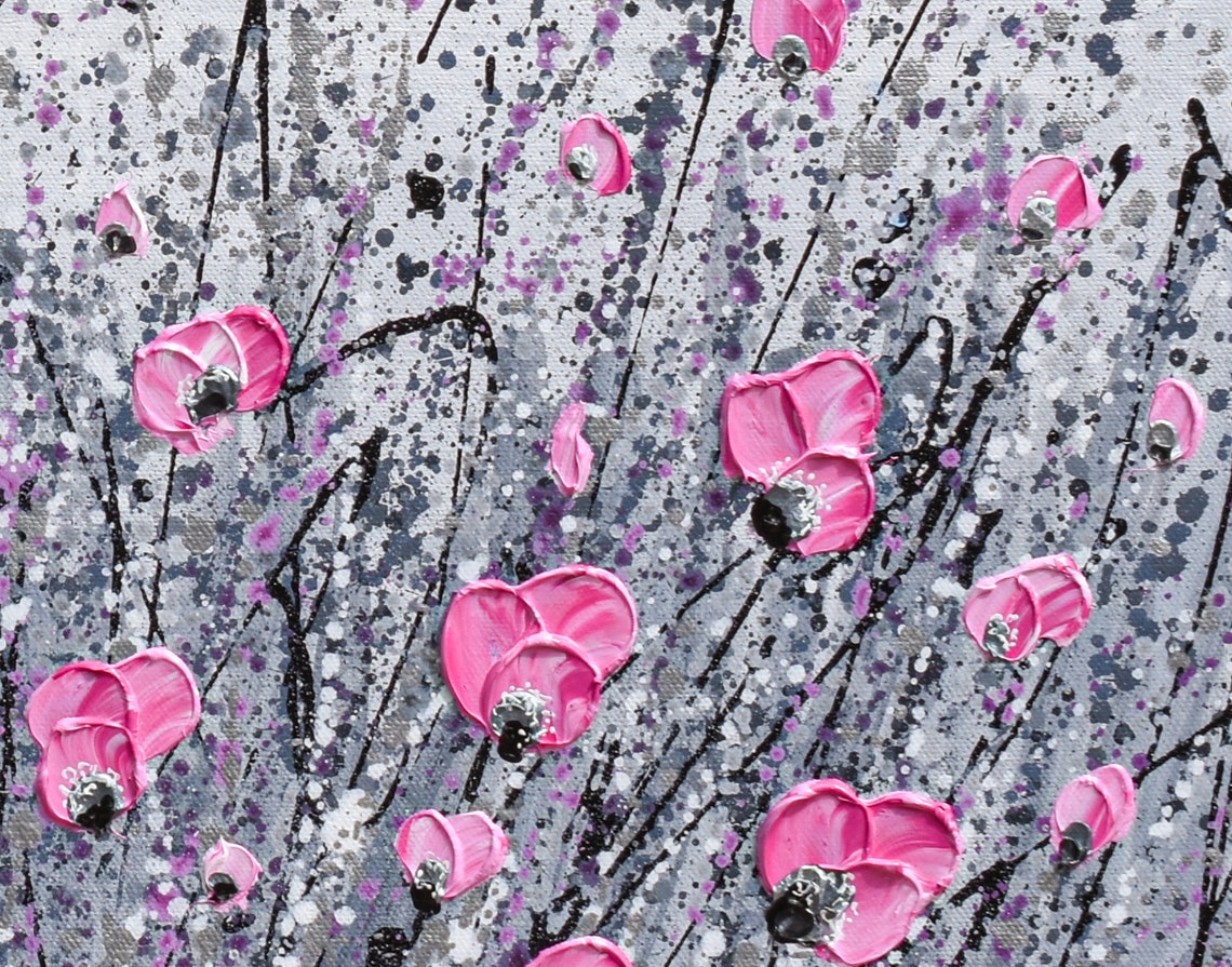 Pink Poppies Gray Silver Black Abstract Floral Splatter Art Poster - Image 2
