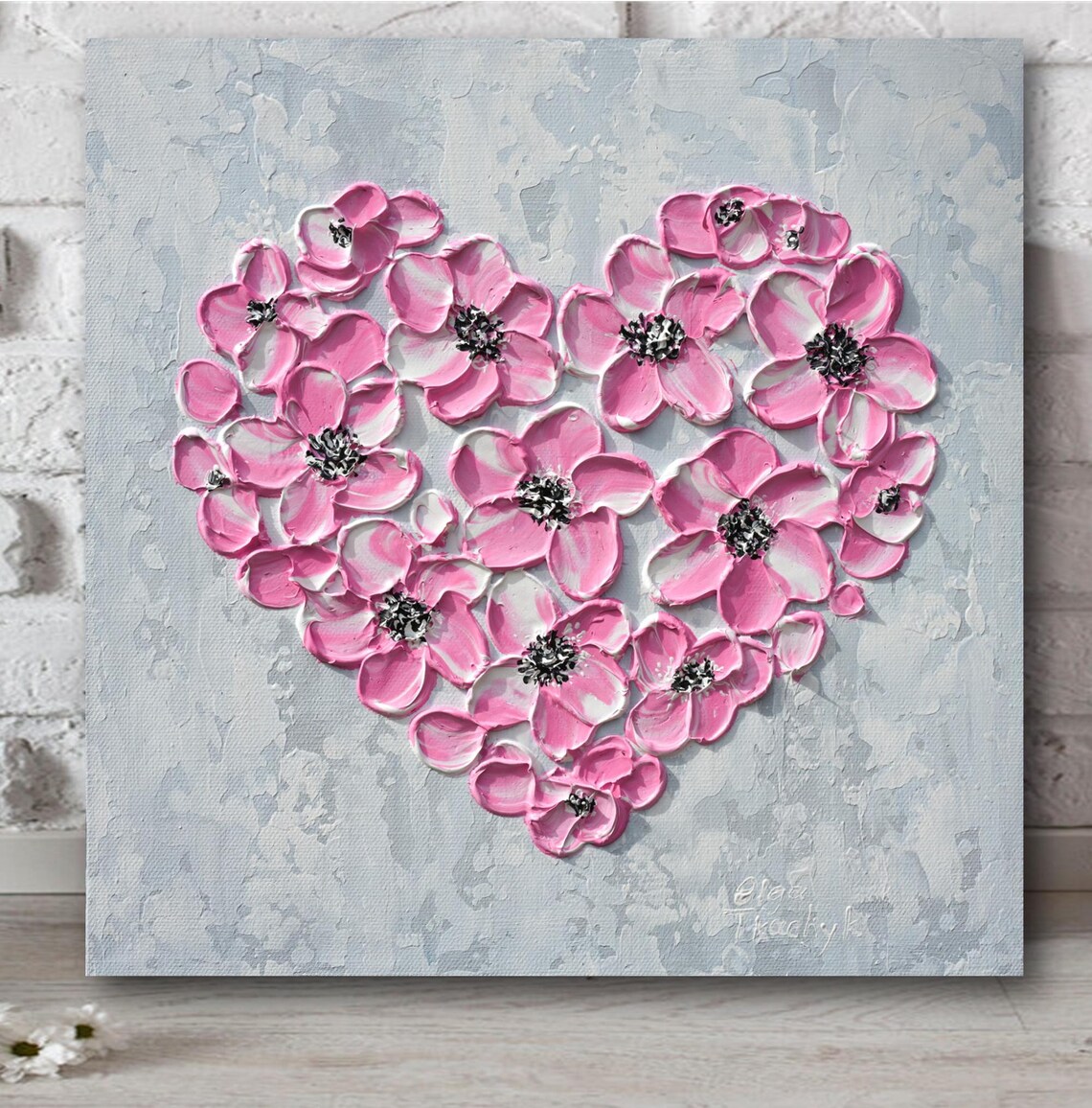 Pink Heart Flowers Painting Love Heart Floral Textured Wall Art Print - Image 3