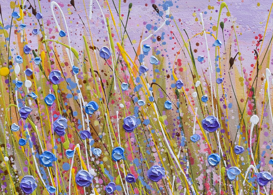 Purple Wildflowers Field Painting Blue Blooms Lavender Sky Art Print - Image 2