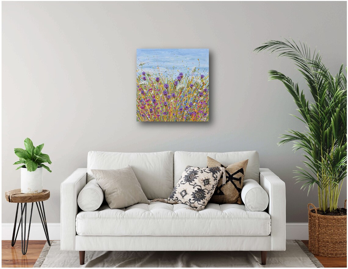 Purple Cornflower White Laceflower Meadow Square Impasto Art Print - Image 2